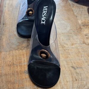 Versace Black and Clear Heels with Gold Medallion